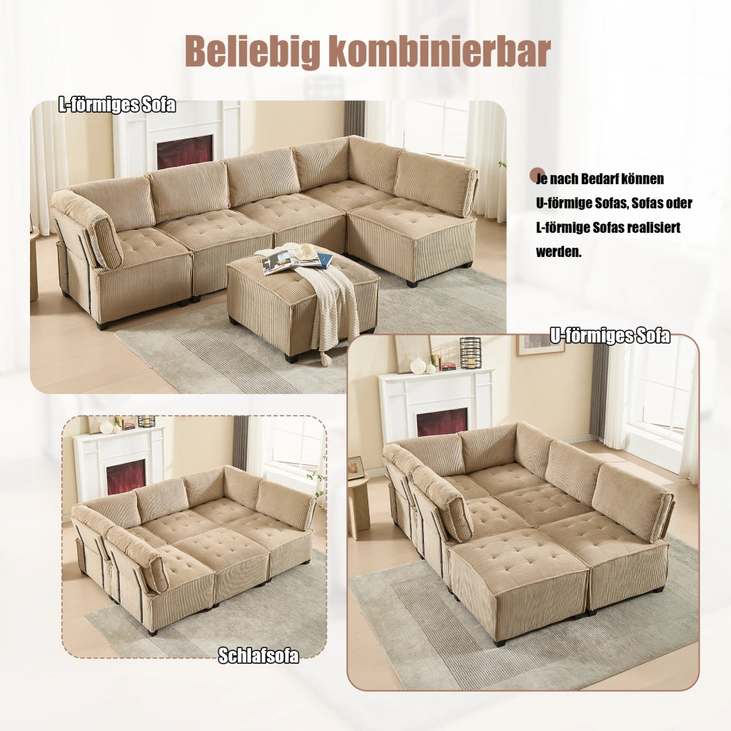 Divano Modulare 6 Posti con Tasche Portaoggetti; Convertibile a U o L o Letto; Comfort Ergonomico; Struttura Legno Metallo in Velluto a Coste Cachi