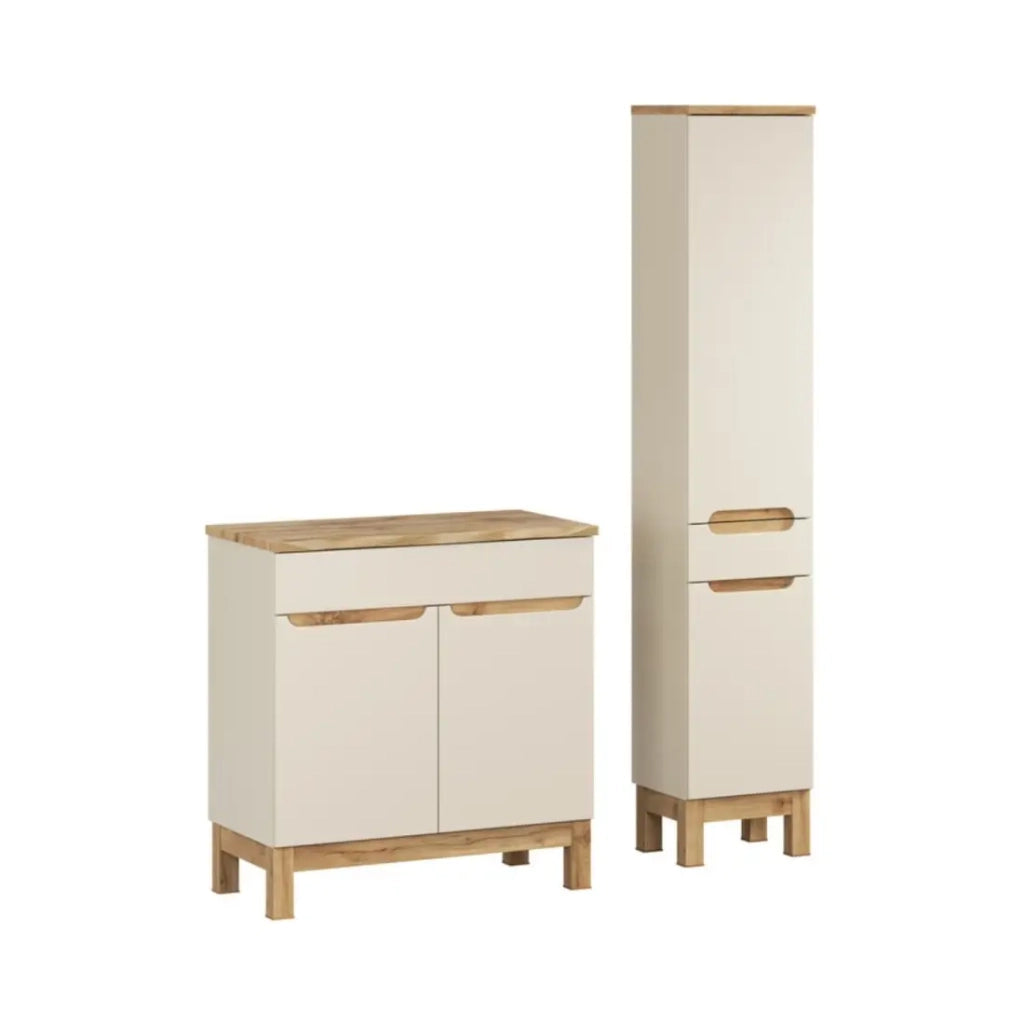 Set da bagno ERMANO cashmere e finitura rovere 115cm: mobile sottolavabo + piano per lavabo smussato + colonna