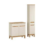 Set da bagno ERMANO cashmere e finitura rovere 115cm: mobile sottolavabo + piano per lavabo smussato + colonna