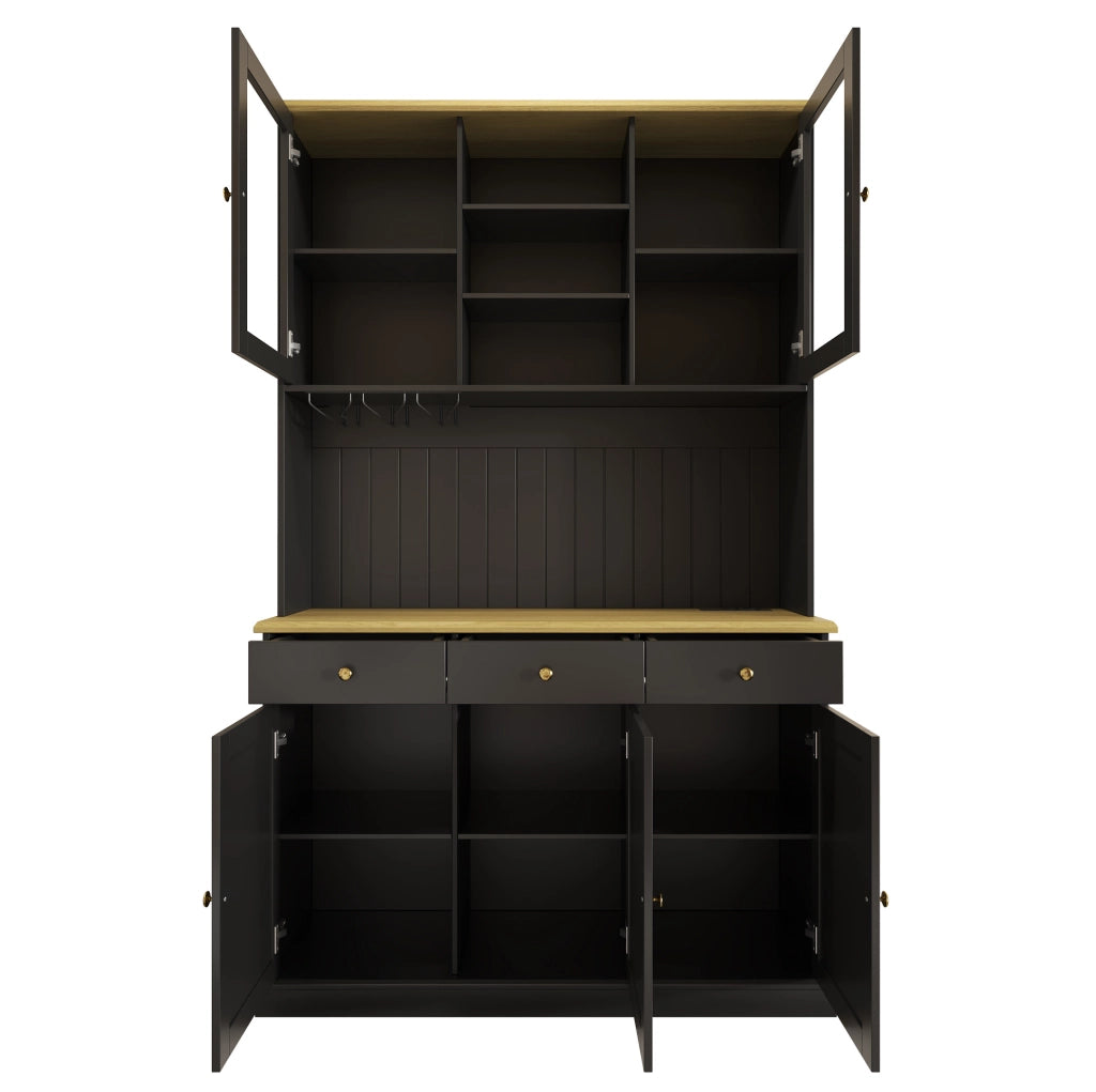 Credenza alta 120x40x191 cm con vetrine; portabicchieri e prese USB nera HOMVRA
