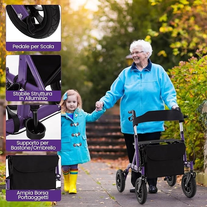 Deambulatore con Seduta 2 in 1, Rollator Pieghevole per Anziani con 4 Ruote, Maniglie Regolabili in Altezza 81-94cm, Portaombrelloni e Borsa Portaoggetti, Carico Massimo 160 kg (Viola)