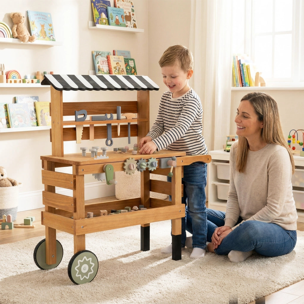 Carrello legno 2 in 1 bambini banco lavoro accessori realistici 2 ruote maniglia, Portatile cappottina porta attrezzi scaffale 3+ anni