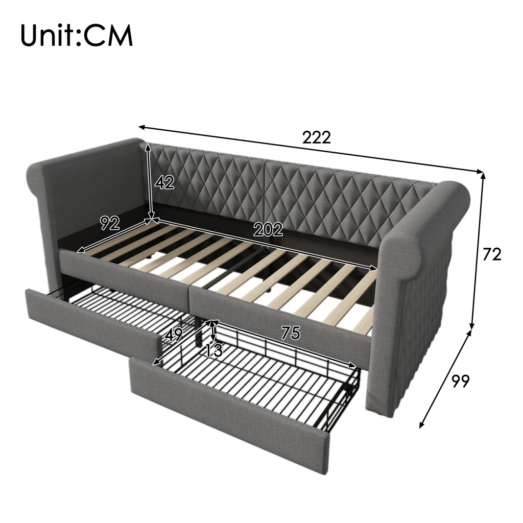 DESMIU Letto divano 90 × 200 cm 1 posto con 2 cassetti e schienale curvo, senza materasso, in lino, grigio