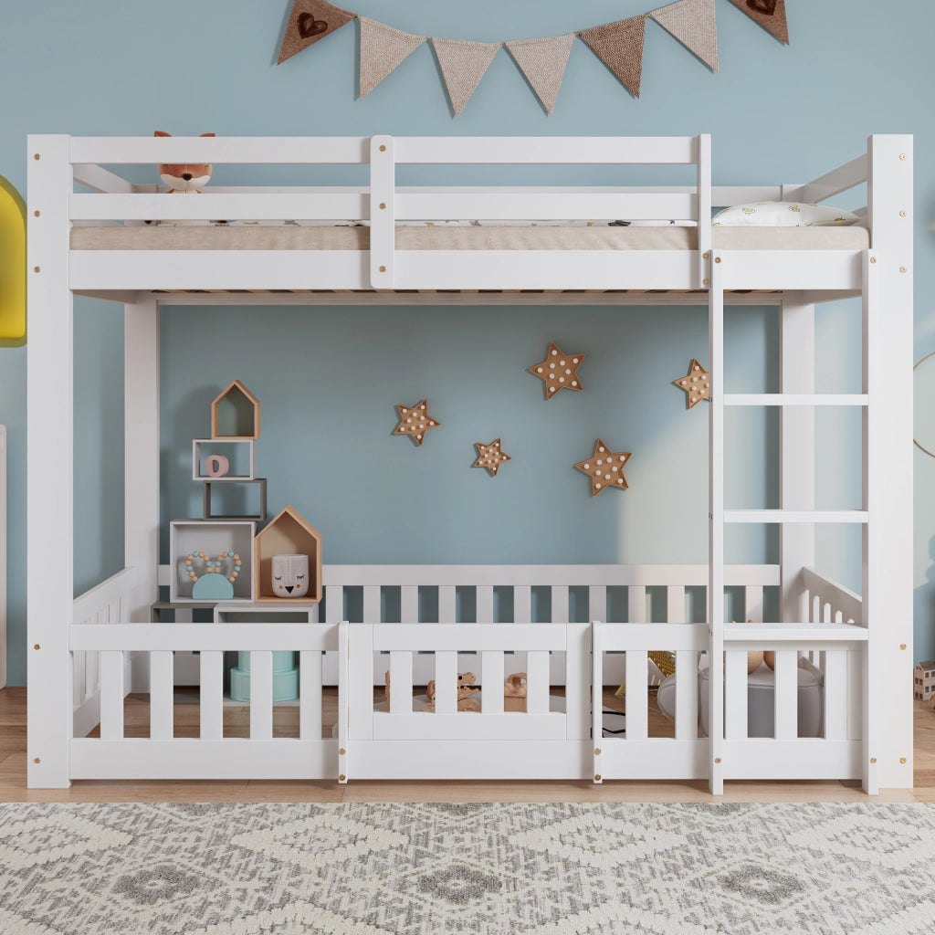 LETTO A CASTELLO 90x200 cm Bianco in legno massello con scala dritta e porta