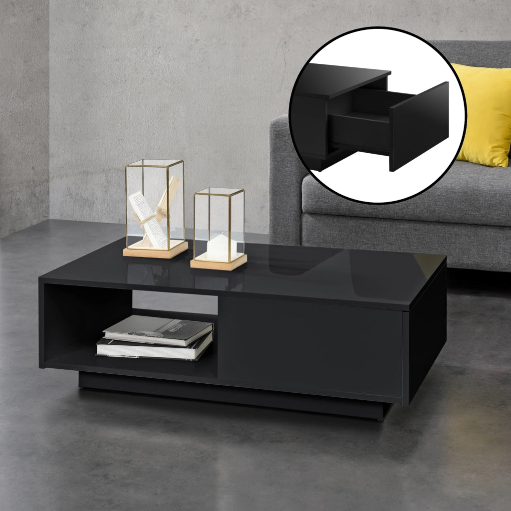 Tavolino da Caffè Biskra con Cassetto e Scomparto Aperto 95 x 55 x 31 cm - Nero Lucido [en.casa]