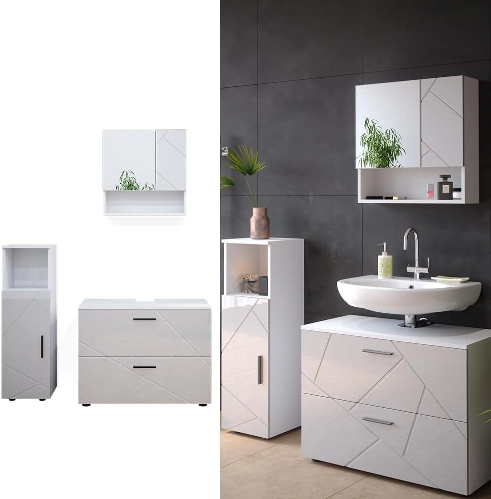Set mobili bagno Irma, Bianco lucido, 80 cm, composto da mobile sottolavabo, specchiera e mobile medio
