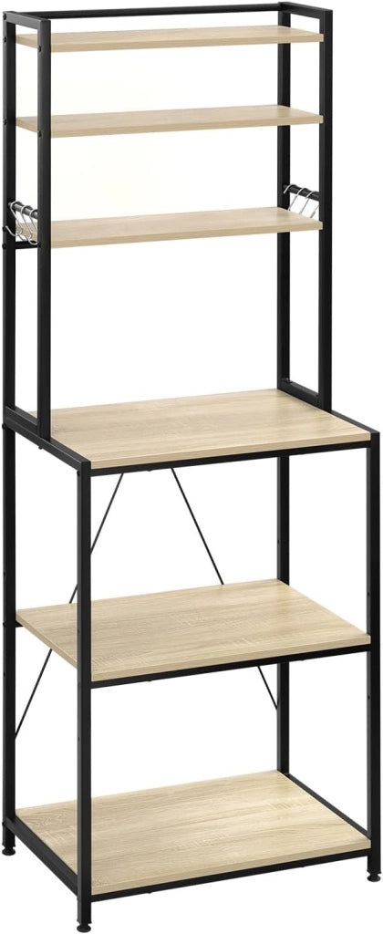 Scaffale da Cucina con 6 Ripiani, Scaffale per Microonde con 6 Ganci, Struttura in Metallo, Legno Ingegnerizzato, 60x40x167cm, Rovere Chiaro+Nero