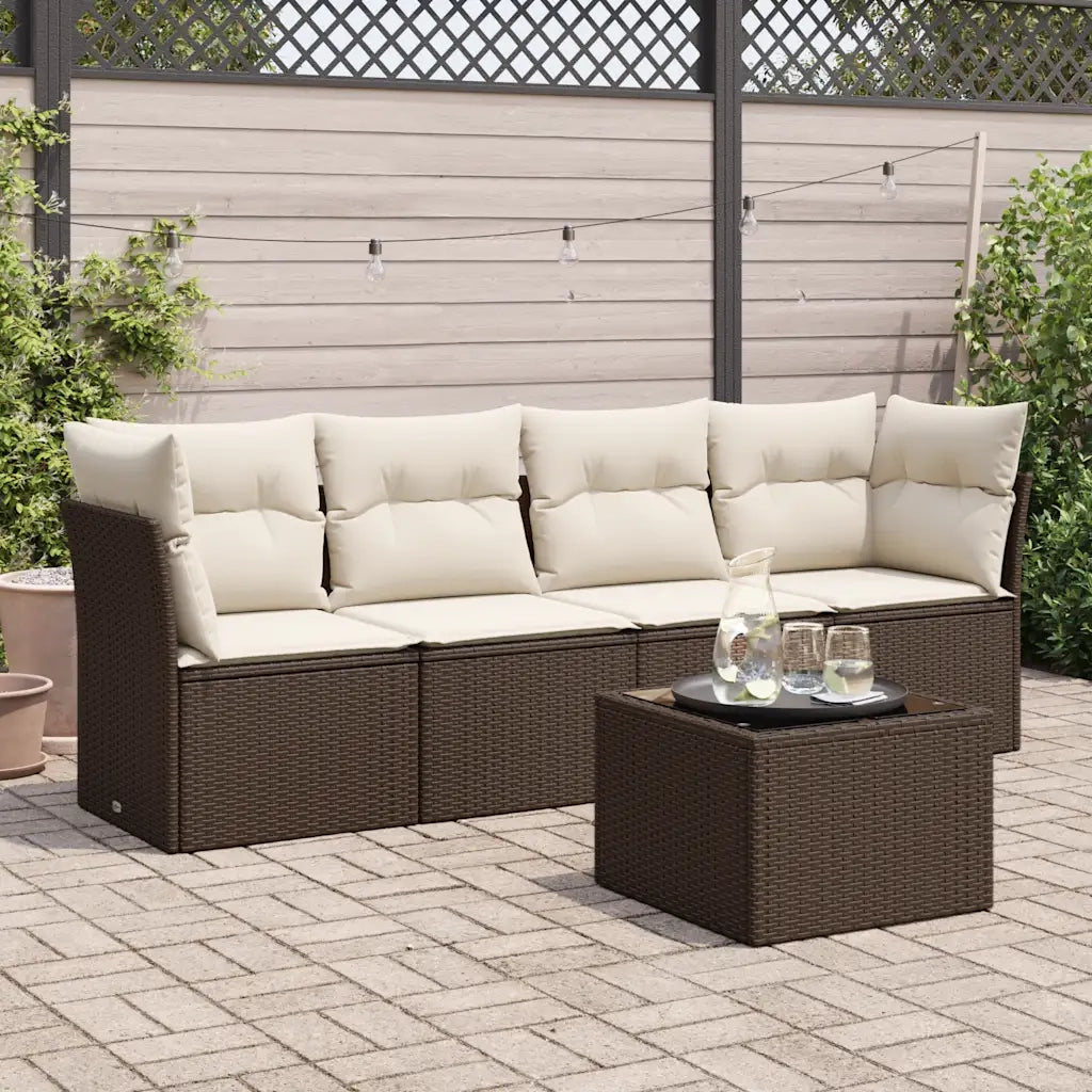 Set Divano da Giardino 5 pz | Set Salotto da Giardino con Cuscini Marrone in Polyrattan