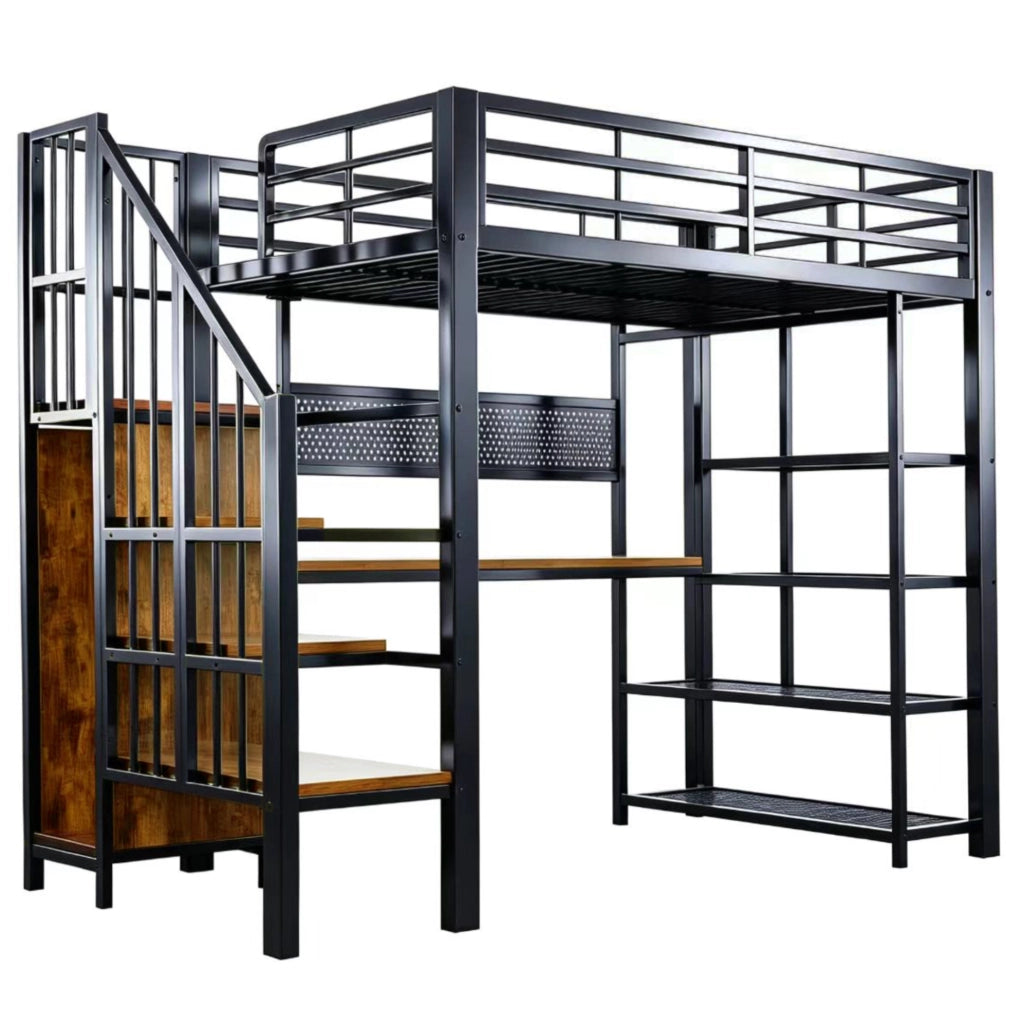 Letto a soppalco 90x200 cm con scala contenitore; LED e prese in metallo nero