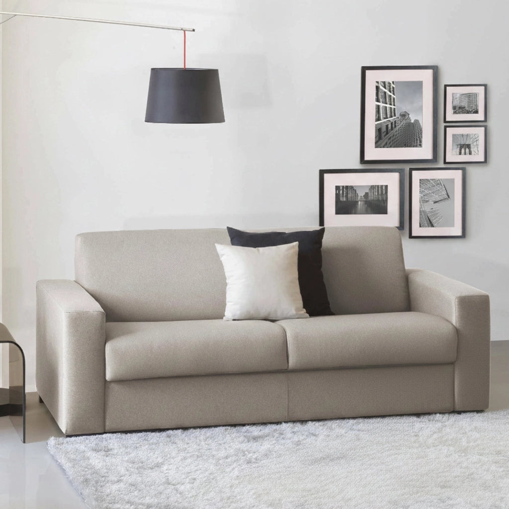 Divano Letto Estia, Divano a 3 posti, Made in Italy, SofÒ  Soggiorno con apertura girevole, in tessuto imbottito, con Braccioli standard, cm 220x95h90, Tortora