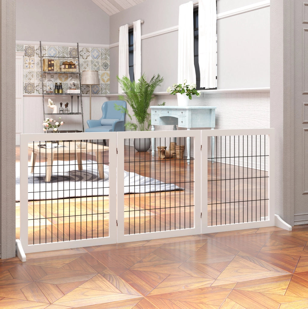 Cancello di sicurezza per cani 185x36x71 cm pieghevole a 3 pannelli in legno bianco