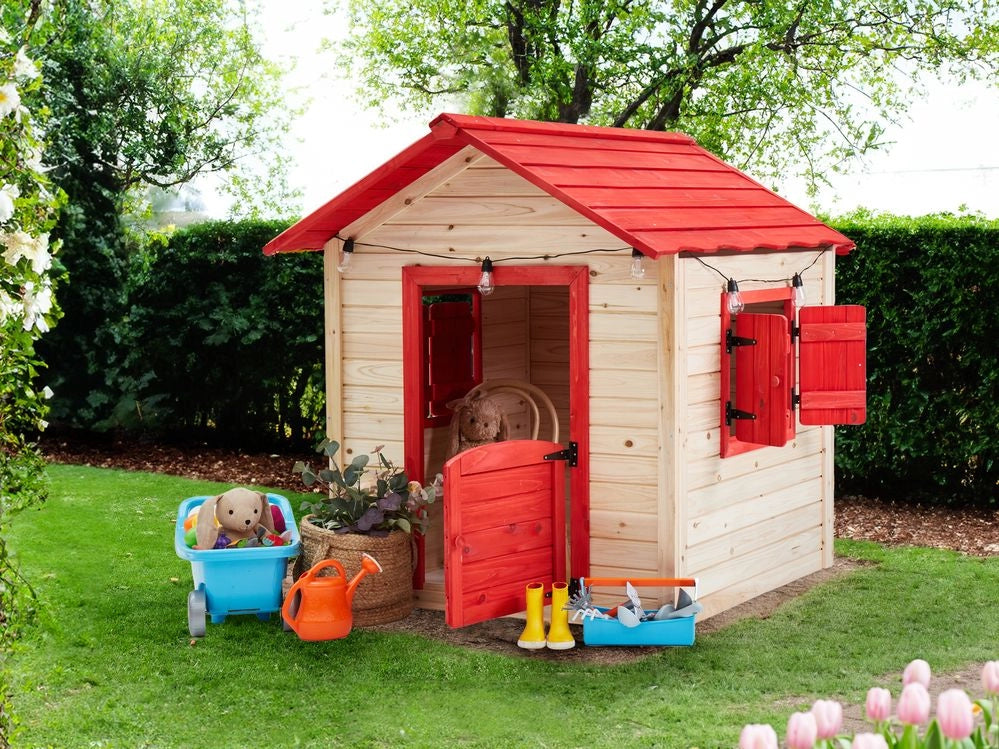 Casetta da giardino in legno d'abete Luce all'aperto Casetta per bambini Tetto rosso Casa per bambini