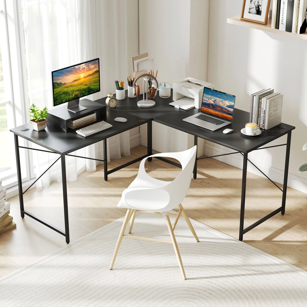 Scrivania computer L 240 cm angolare convertibile supporto monitor-Tavolo ufficio 2 persone metallo robusto lavoro gioco Grigio
