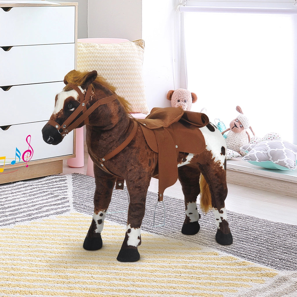 Cavallo a Dondolo per Bambini 2+ Anni con Nitrito. Sella e Staffe. in Peluche e Metallo. 85x28x60 cm. Marrone