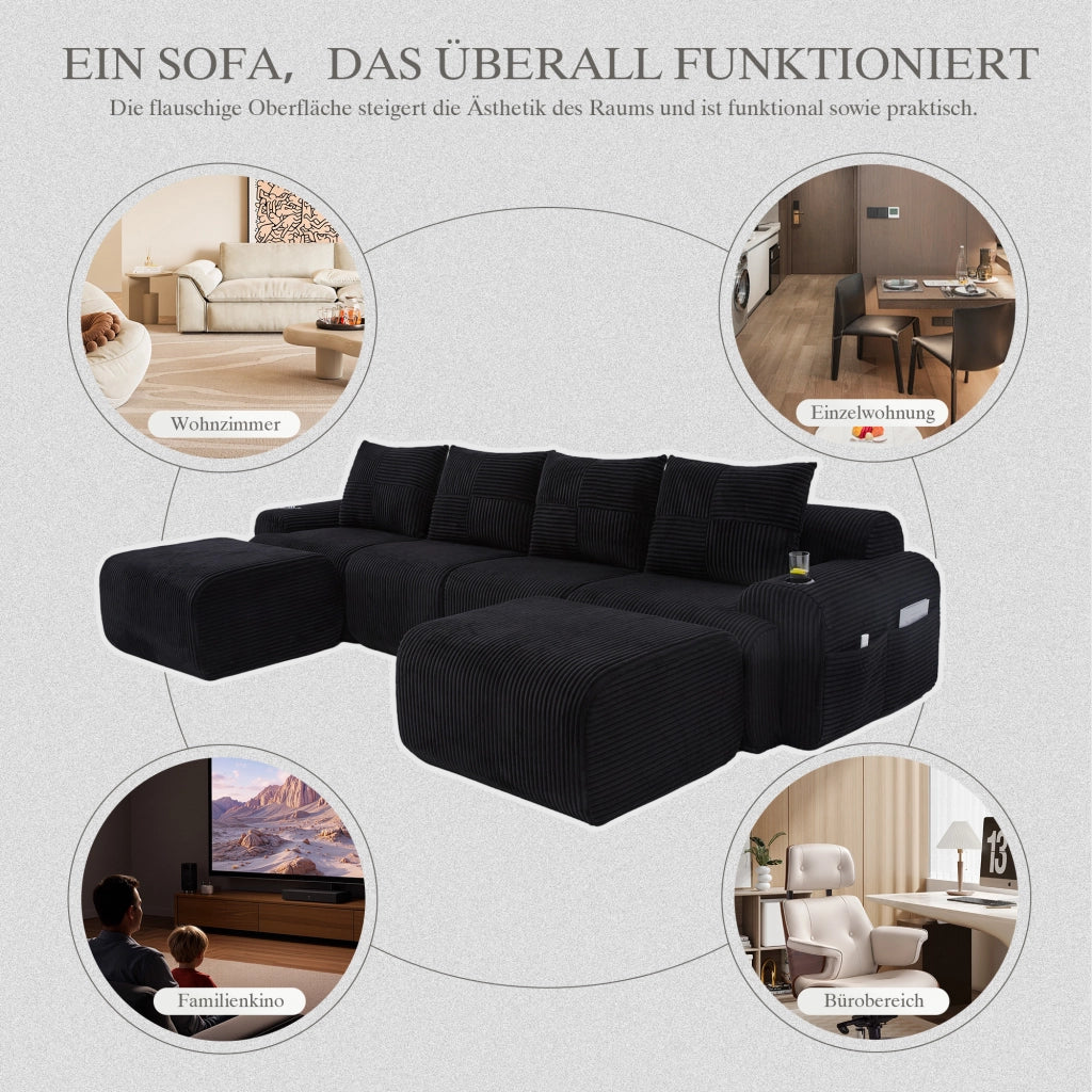 DIVANO Modulare 333x174x80 cm in corduroy nero con portabicchieri e tasca laterale