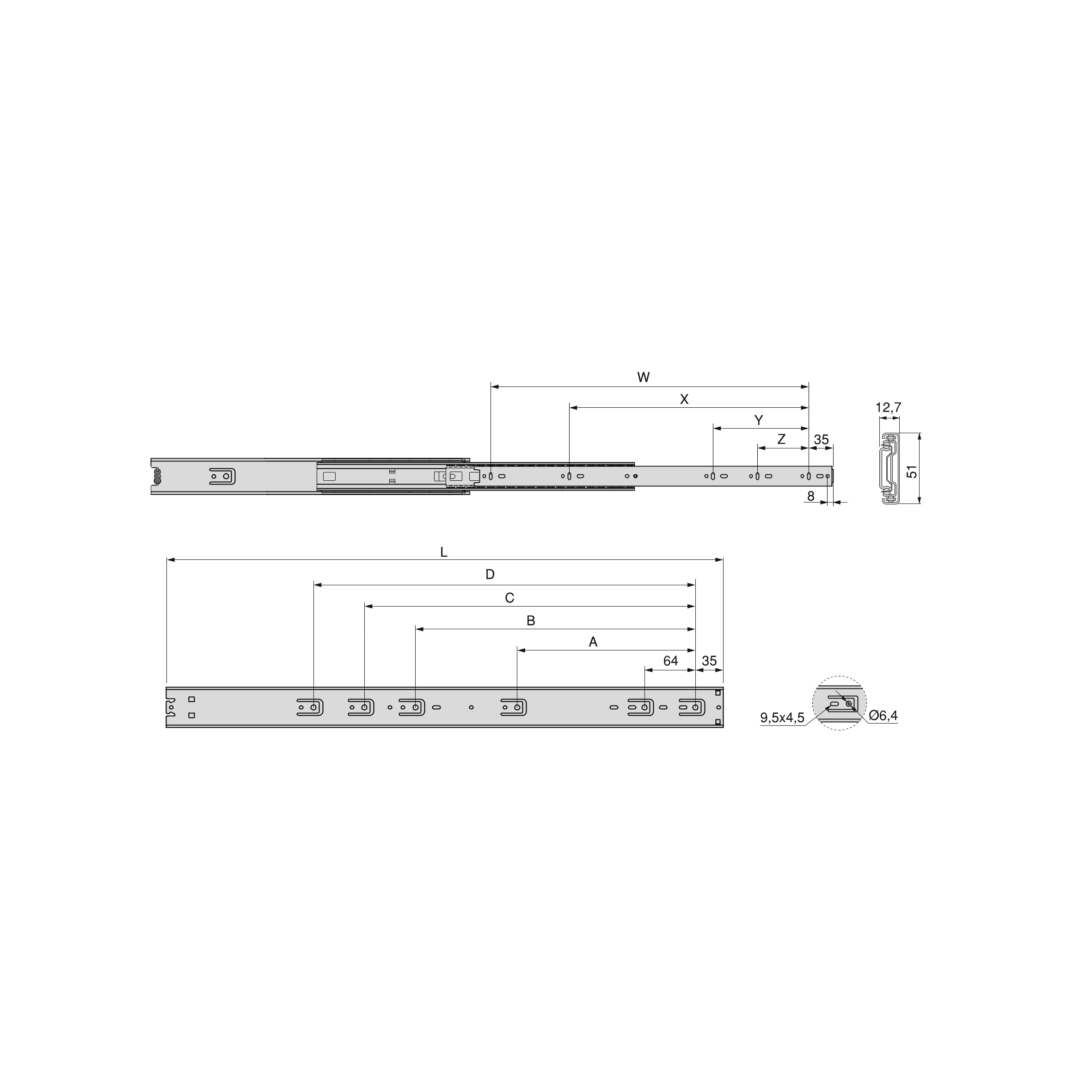 Emuca Coppia di guide a sfere per cassetti di grande portata, ad estrazione totale, altezza 51mm, 700, Zincato bianco, 2 u.