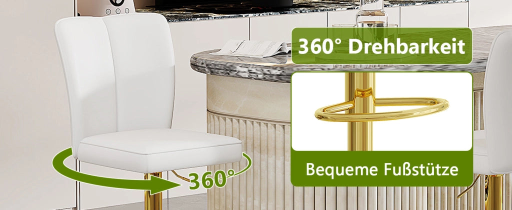 Sgabello da Bar Regolabile Girevole 360¡ã ¨C MINIMAL ¨C Bianco/Oro, PU Impermeabile, Set 2 Pezzi