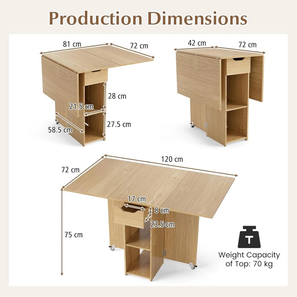 Tavolo da Pranzo Pieghevole, Mobile da Cucina con Ali Pieghevoli, 1 Cassetto e 2 Ripiani Aperti, per 2-4 Persone, Salvaspazio, 120 x 72 x 75 cm, Ideale per Sala e Cucina