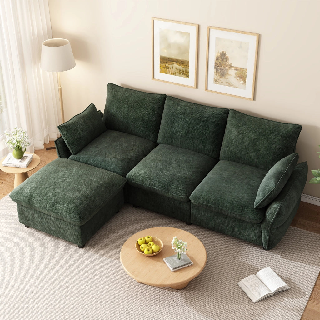 Divano angolare 3 posti con pouf separato e 2 cuscini, in ciniglia verde scuro, 222.5 × 154.5 × 76.5 cm