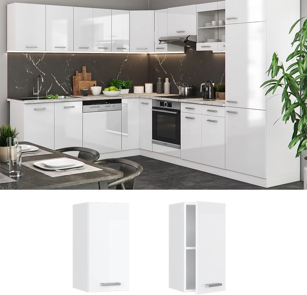 Pensile da cucina R-Line, Bianco lucido, 30 cm, per la libera combinazione all'interno di sistemi cucina modulari
