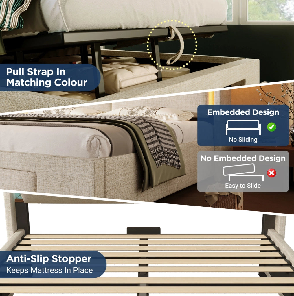 Letto contenitore imbottito 140x200 cm con materasso; LED; USB/USB-C e testiera in lino; beige