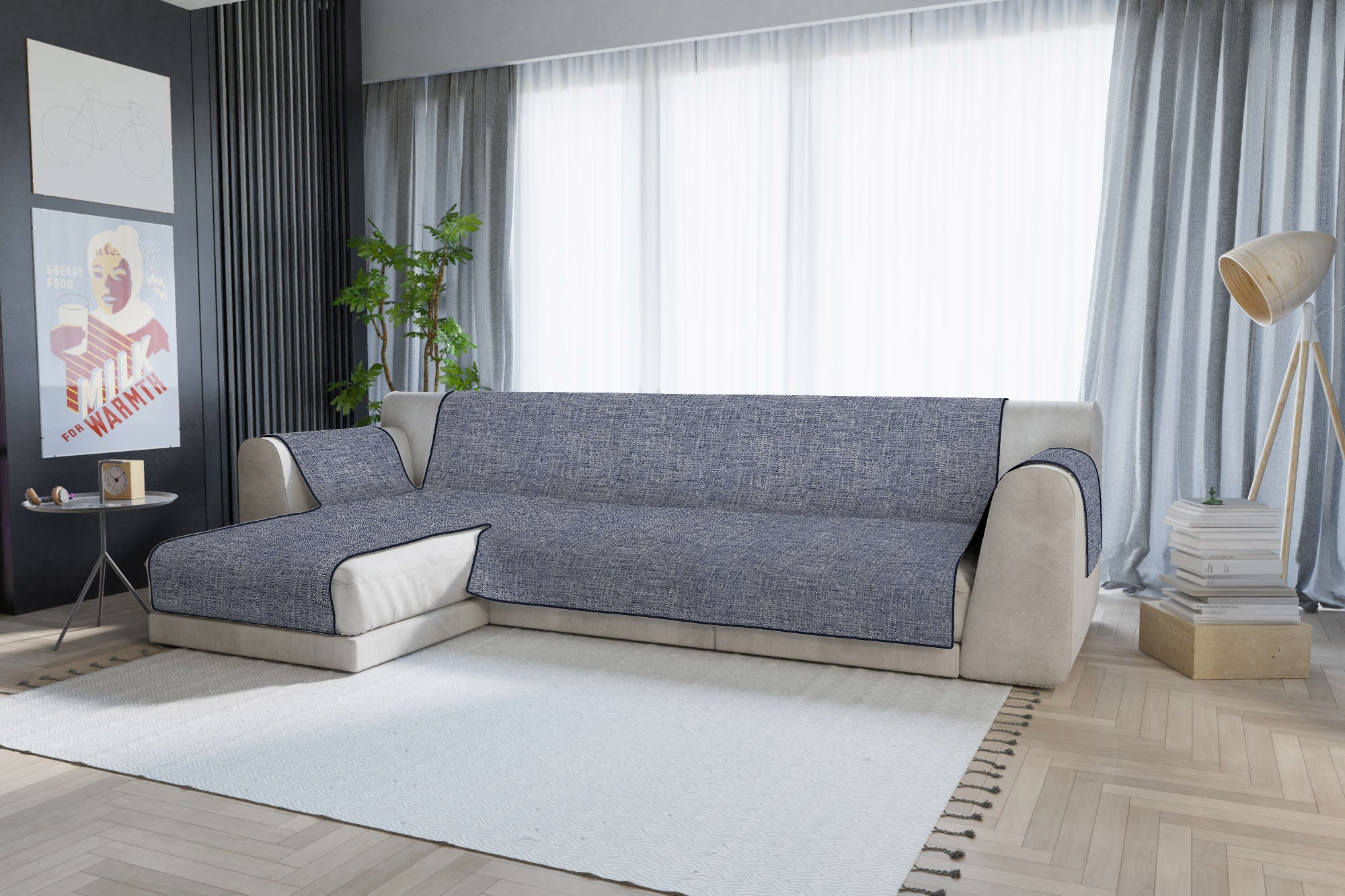 Copridivano in Poliestere con Penisola Sinistra Seduta 290 cm Blu Scuro