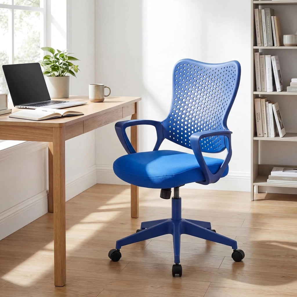 Sedia da Ufficio Ergonomica, con Schienale Reclinabile, Regolabile in Altezza, Sedia Scrivania con Seduta Girevole 360°e Ruote per Ufficio, Studio e Soggiorno, Portata 150 kg (Blu)