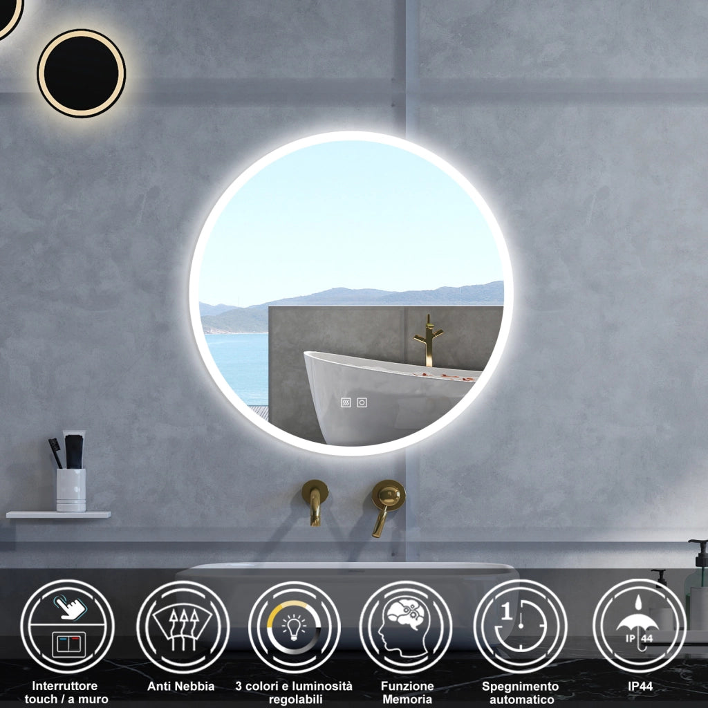 Specchio da bagno Rotondo con 80cm,3 colori,Memoria, Antifog,Regorabile,Retroilluminato,doppio interruttore,