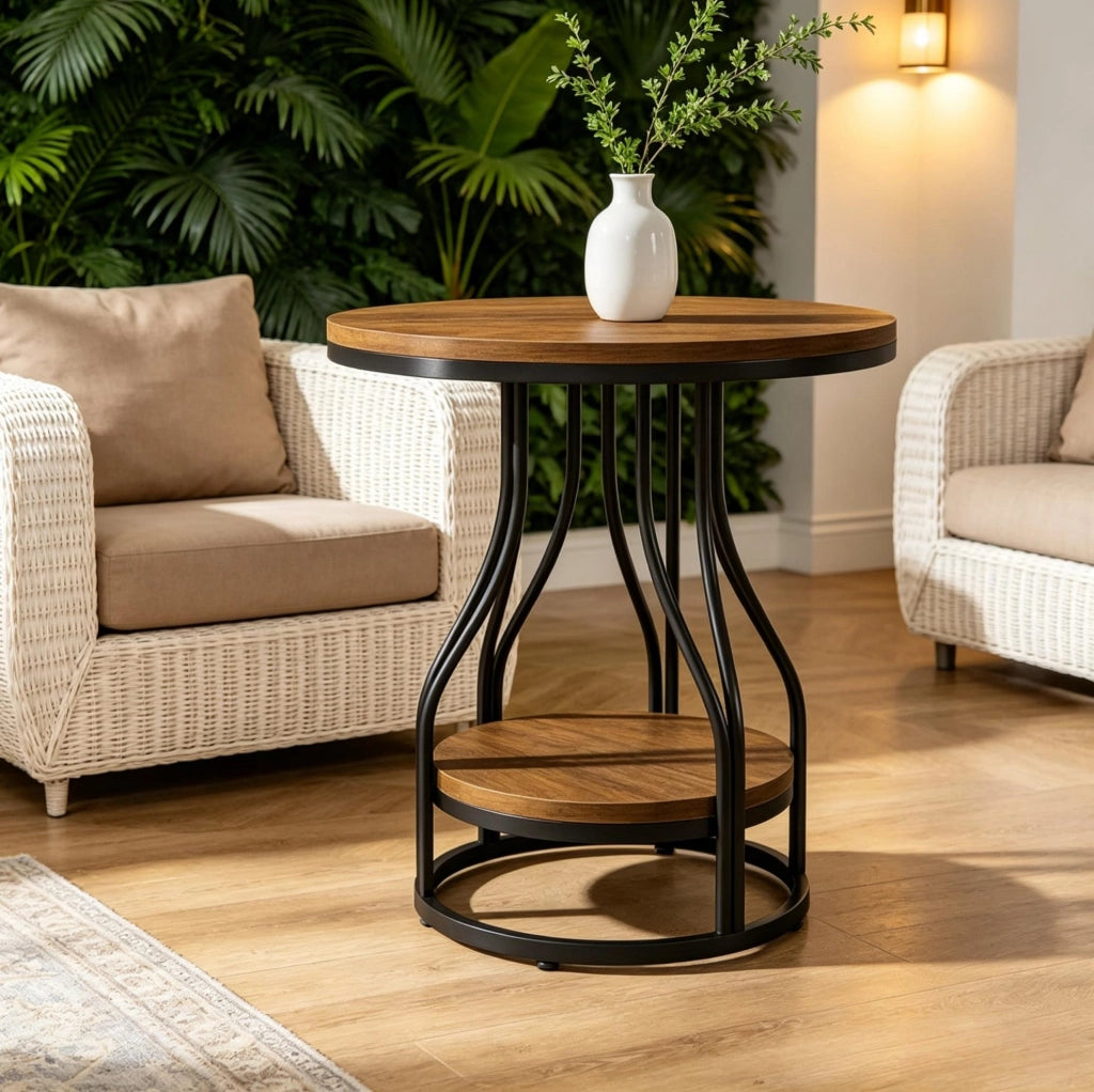 TAVOLINO ROTONDO 2 Ripiani 50x50x59 cm Metallo e Legno Nero/Marrone