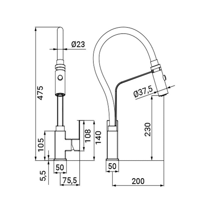 Miscelatore lavello bocca alta estraibile a 2 funzioni in acciaio - Serie Portland