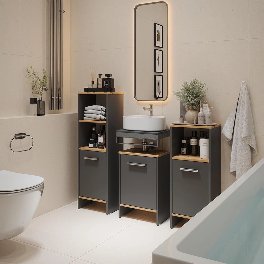 Mobile sottolavabo per bagno Karli, Antracite/quercia dorata, 38.2 x 57 cm con la porta