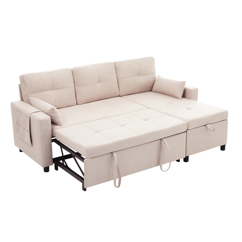 Divano letto angolare modulare L, estraibile, con contenitore, porta bicchieri e rivestimento in lino beige