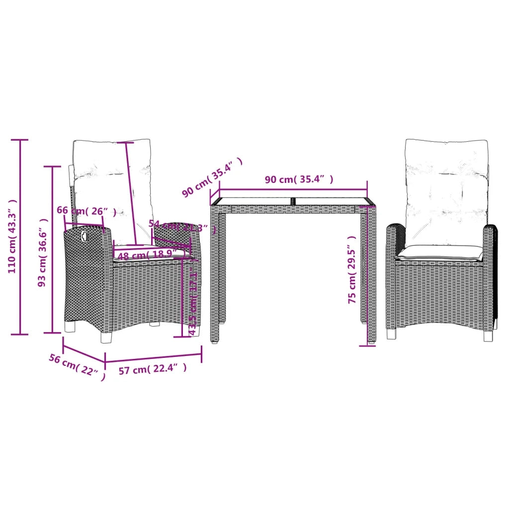 Set da Pranzo da Giardino 3 pz con Cuscini in Polyrattan Grigio 3212671