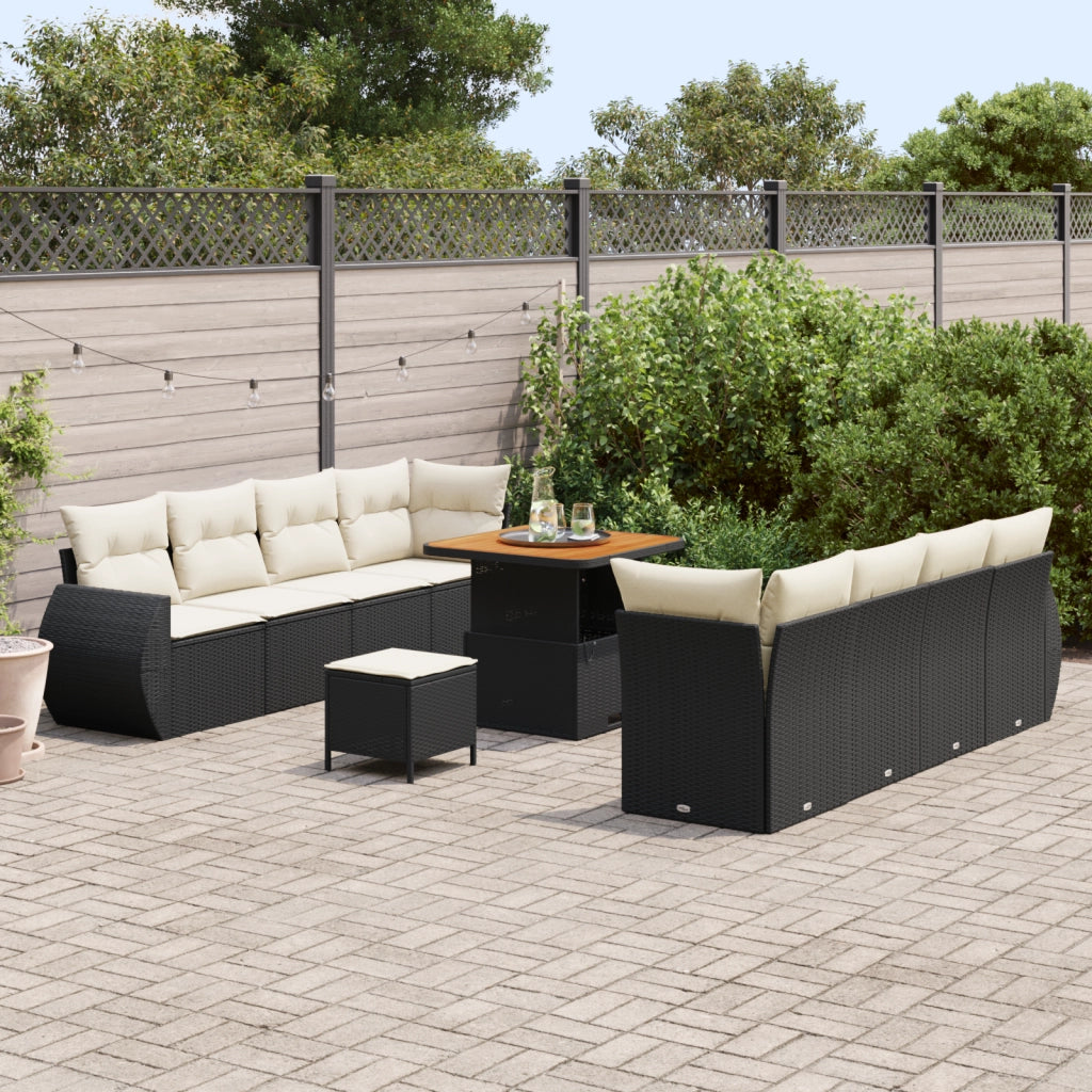 Set di divani da giardino in 11 pezzi con cuscini neri in polyrattan e acacia