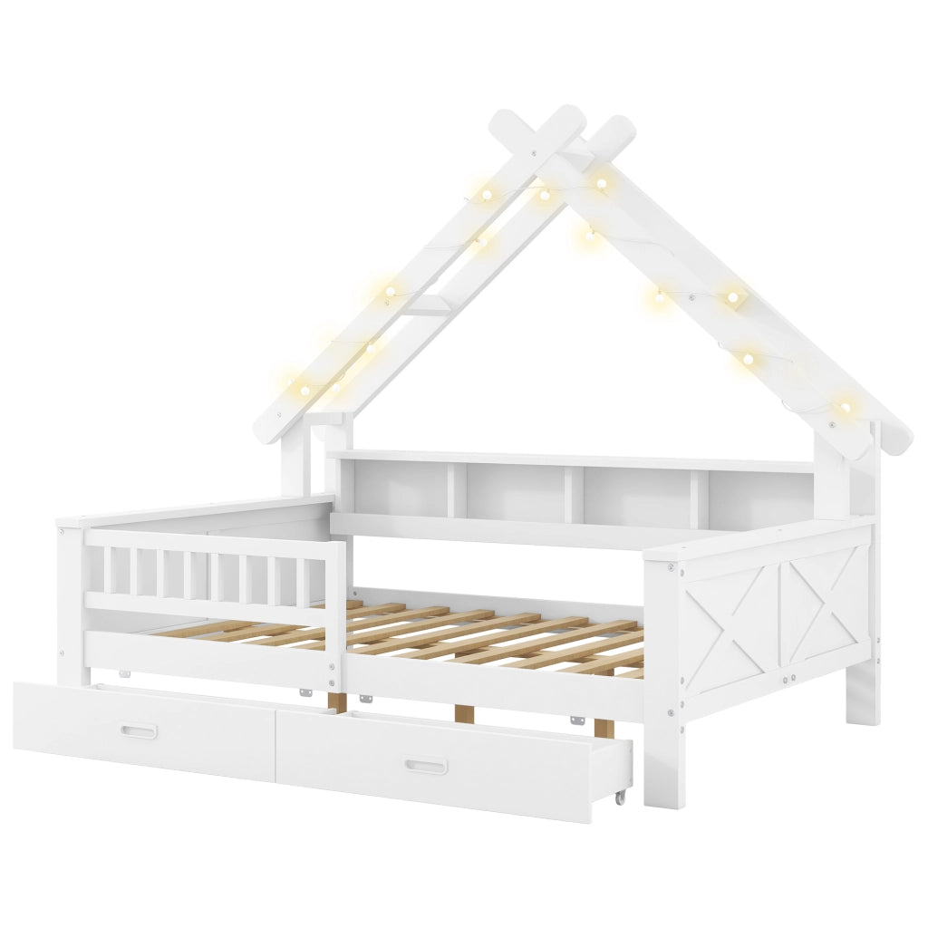 Letto per bambini 140×200 cm con LED; 2 cassetti; ripiani e barriera di sicurezza; senza materasso; bianco