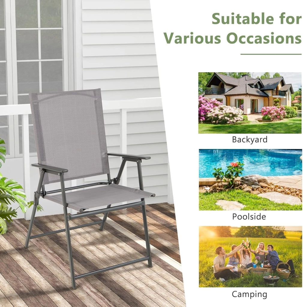 Set di 4 sedie da giardino pieghevoli, con schienale alto e bracciolo, in metallo e tessuto, portata fino a 150 kg, colore: grigio