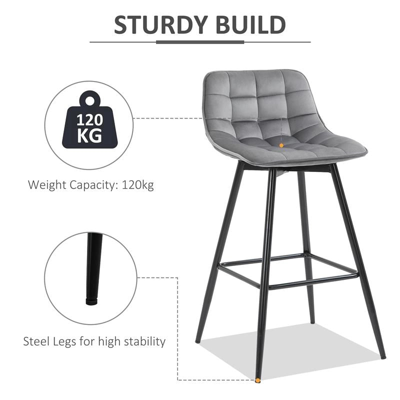 SET 2 SGABELLI DA BAR SEDIE IMBOTTITE STILE NORDICO VELLUTO GRIGIO