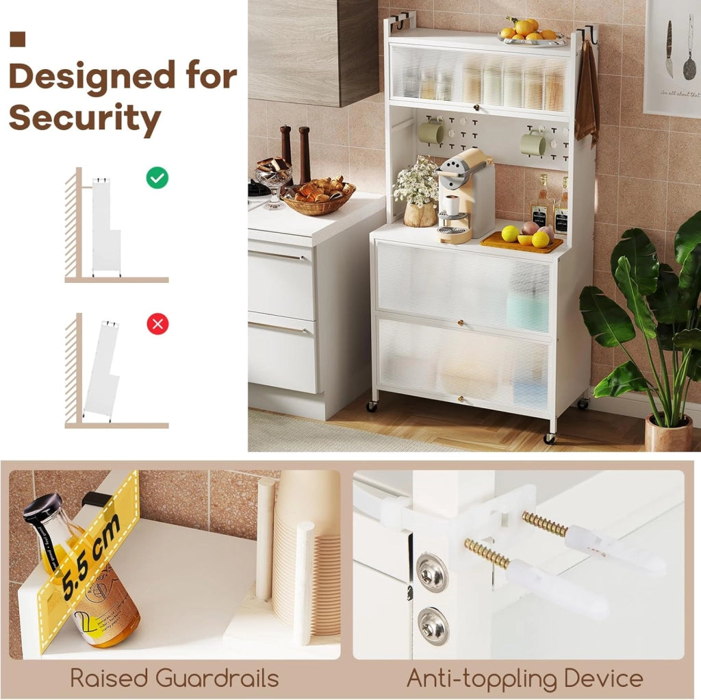 Mensola da Cucina a 5 Livelli, Organizzatore con Ampio Piano di Lavoro e Ruote, Armadio di Stoccaggio con Porte, Ganci e Pannello con Perforazioni, Mobile Multifunzione per Interni (Bianco)
