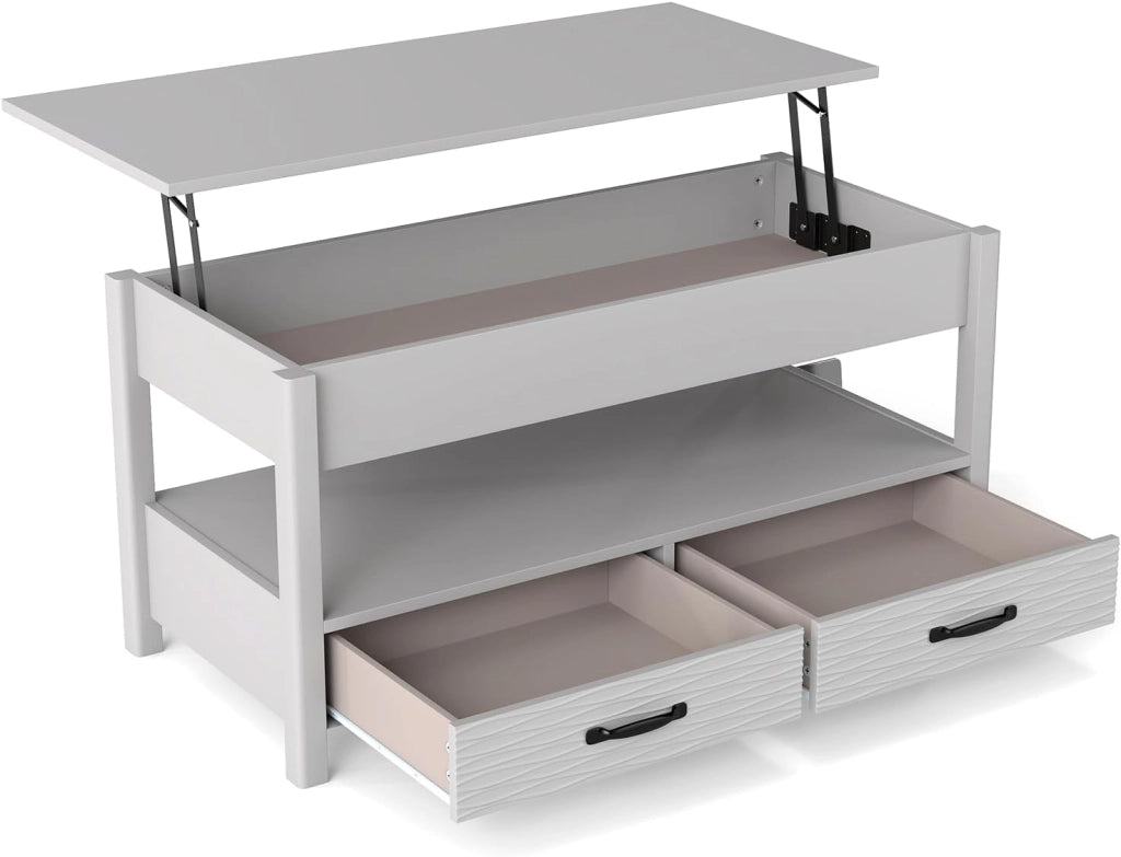 Tavolino da salotto con piano sollevabile, tavolo da salotto con 2 cassetti, ripiano aperto e vano nascosto, cassetti con motivo ondulato, 100 x 46 x 50 cm, per ufficio, camera da letto