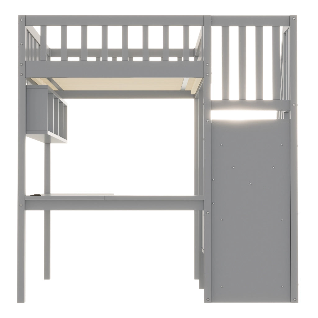 Letto a soppalco 90x200 cm con scrivania; LED e contenitore in legno