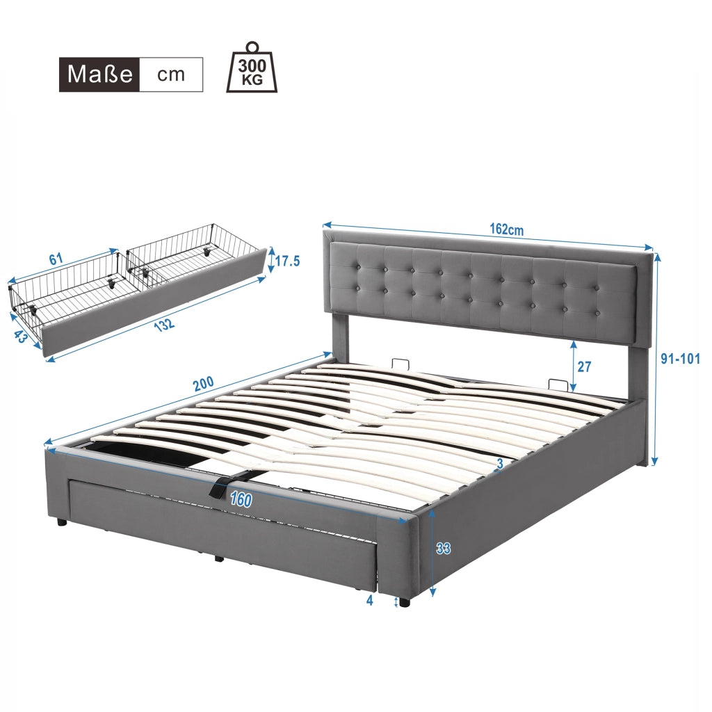 Letto Contenitore 160 x 200 cm; Letto Matrimoniale con Testiera Regolabile e Cassetti; senza Materasso; Grigio