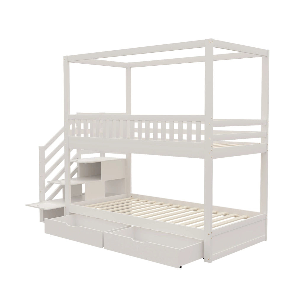 OKWISH Letto a castello 90×200 cm, Letto 2 Posti con Spondine di Sicurezza, Scala con Cassetti e 2 Cassetti, senza Materasso, Bianco