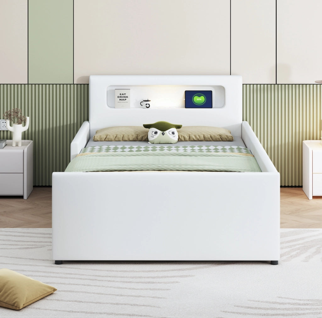 Letto singolo imbottito per bambini 90x200 cm bianco con USB