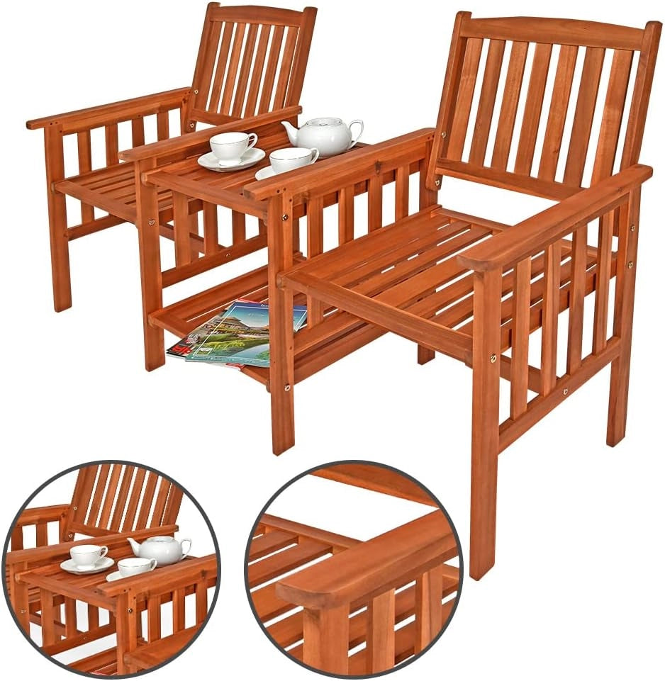 Deuba CASARIA® Panchina da Giardino in Legno Acacia Resistente alle Intemperie con Tavolo Portaoggetti a 2 Posti 320kg 164x63cm Panca da Esterno Terrazza