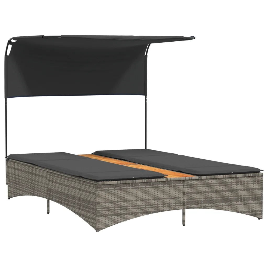 Lettino Doppio con Baldacchino e Cuscini Grigio in Polyrattan 365622