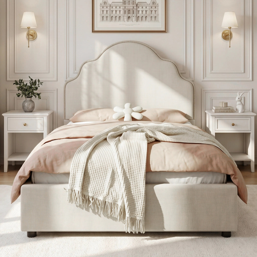 Letto imbottito 90x200 cm con testiera arrotondata in lino beige