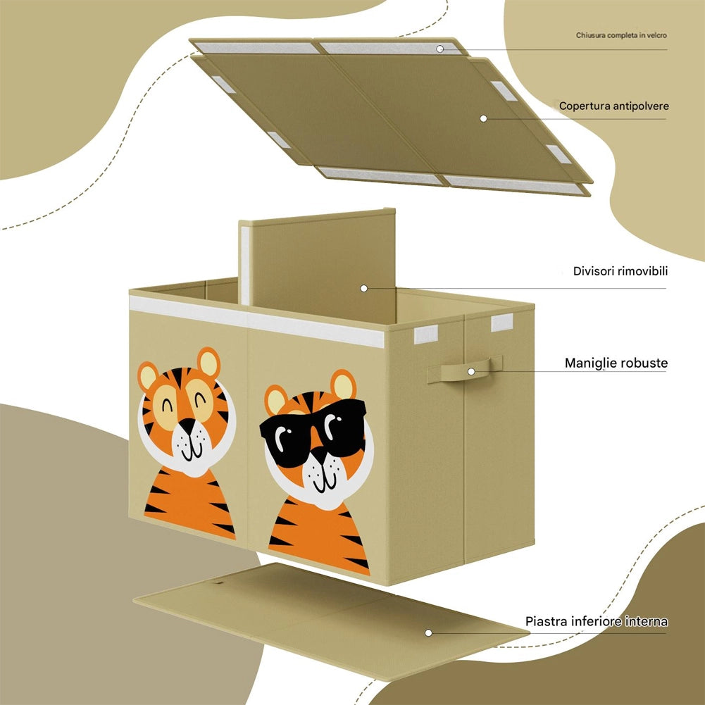 Box Contenitore Giocattoli con Animali Doppio Pieghevole 80L Beige Salvaspazio