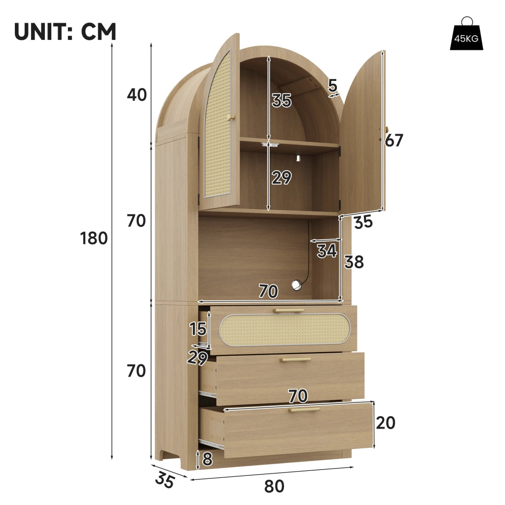 Credenza con 2 ripiani, 1 vano espositivo, 3 cassetti e LED, per soggiorno, in MDF, rovere chiaro, 80 × 35 × 180 cm