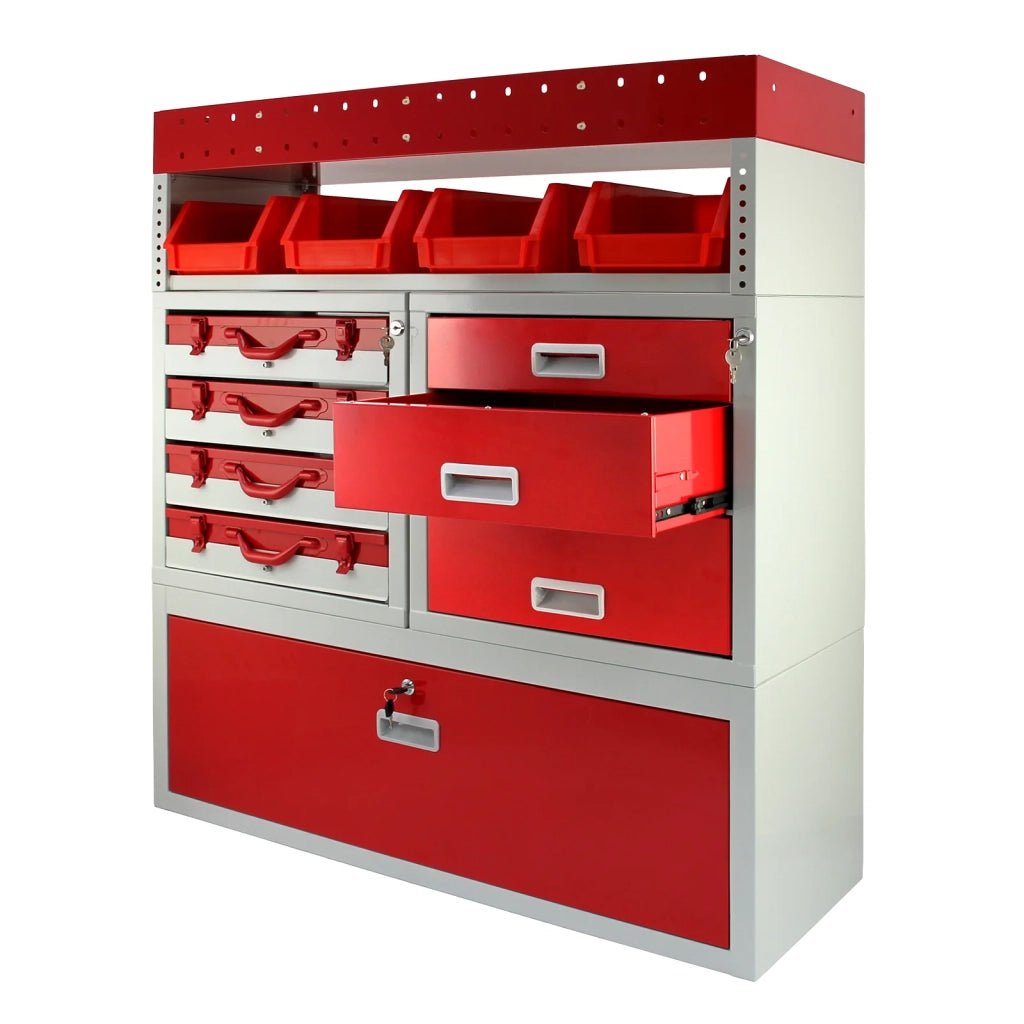 Pacchetto Flame con 1 Scaffale con Cassetti e 2 Scaffali con Mensole per Furgone