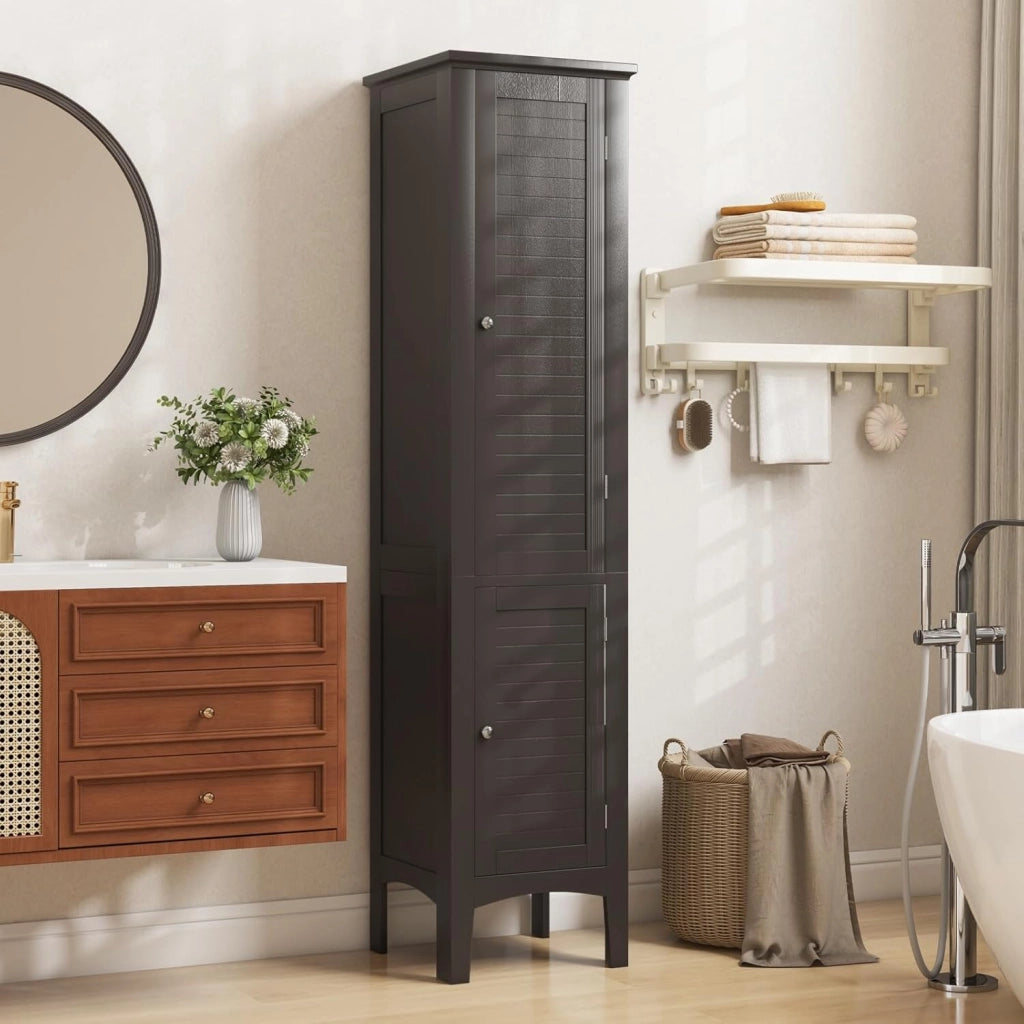 Mobile da Bagno Alto con 2 Ante 37 x 37 x 160cm, Armadio da Terra con 5 Vani, Mobile Colonna per Bagno Cucina Soggiorno (Marrone)